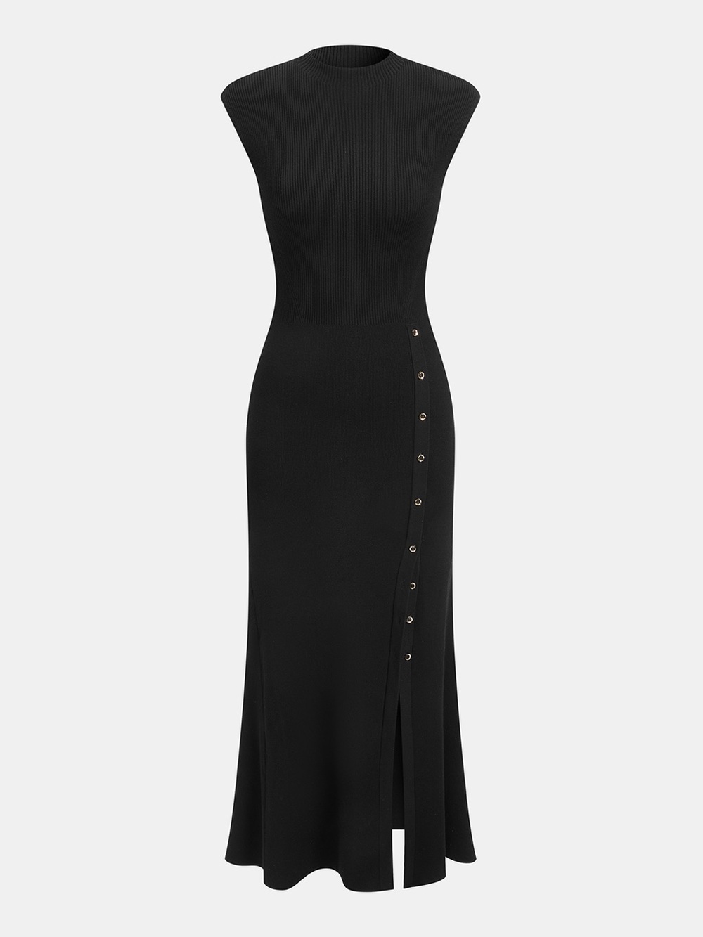 Commense Black Button Detail High Neck Midi Dress Cap Sleeve Minimalist M